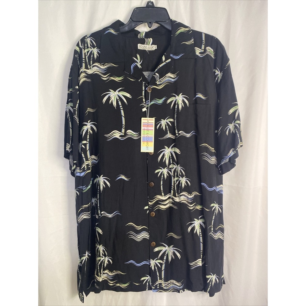 Young‎ USA Hawaiian Shirt Mens Large Black New Palm Tree Tropical Button Down